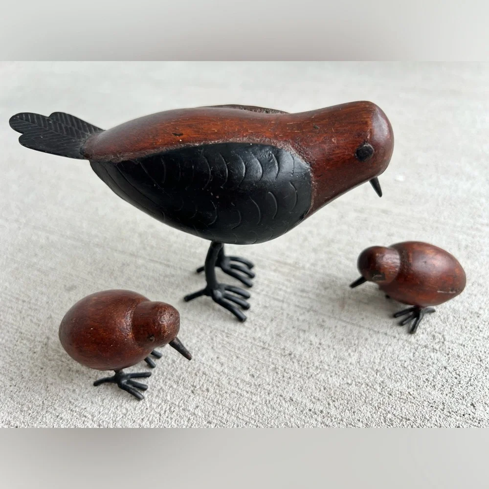 Vintage Hand-Carved Wooden Bird Family – Set of 3 – Mid Century Folk Art Decor